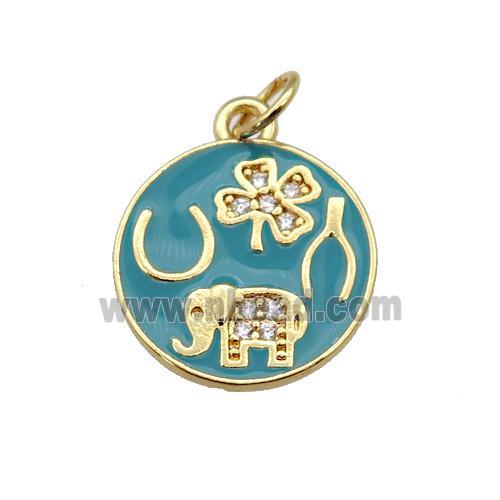 copper circle pendant paved zircon with teal enamel, elephant, clover, gold plated