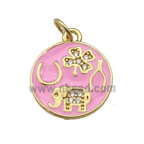 copper circle pendant paved zircon with pink enamel, elephant, clover, gold plated