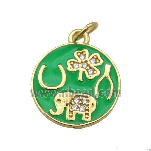 copper circle pendant paved zircon with green enamel, elephant, clover, gold plated