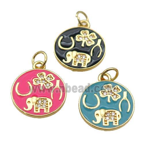 copper circle pendant paved zircon with enamel, elephant, clover, gold plated, mixed