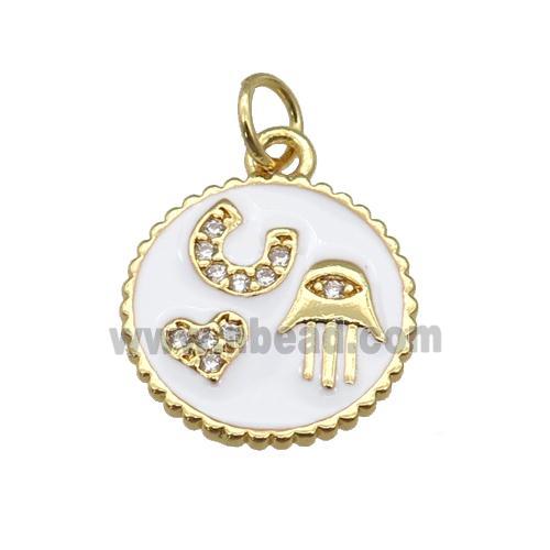 copper circle pendant paved zircon with white enamel, hand, heart, gold plated