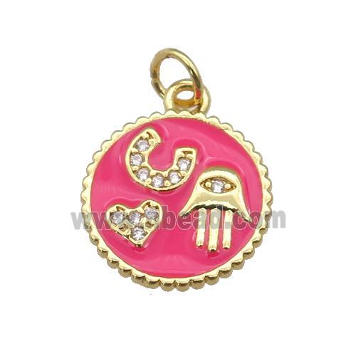 copper circle pendant paved zircon with hotpink enamel, hand, heart, gold plated