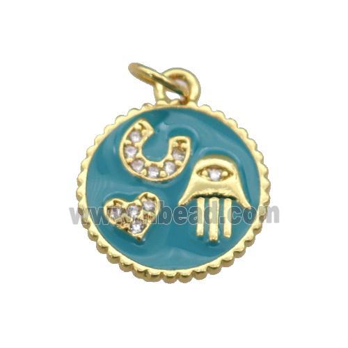 copper circle pendant paved zircon with teal enamel, hand, heart, gold plated