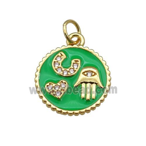 copper circle pendant paved zircon with green enamel, hand, heart, gold plated