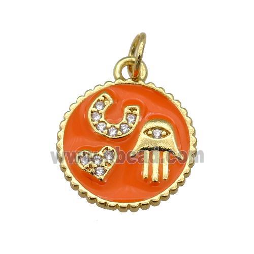 copper circle pendant paved zircon with orange enamel, hand, heart, gold plated
