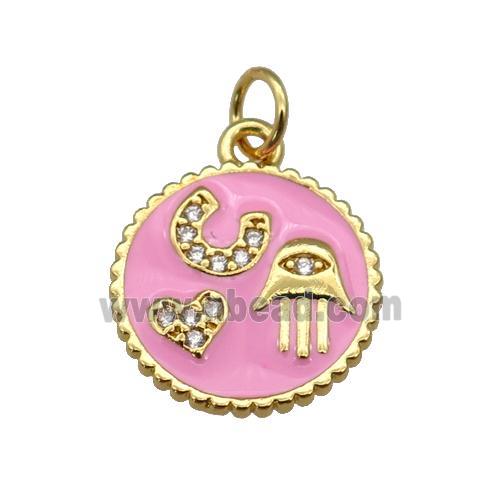 copper circle pendant paved zircon with pink enamel, hand, heart, gold plated