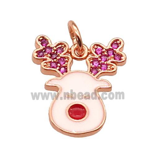 copper Christmas Reindeer Charms pendant paved zircon with white enamel, rose gold