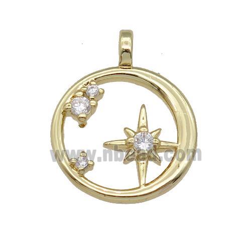 copper circle pendant paved zircon, star, gold plated
