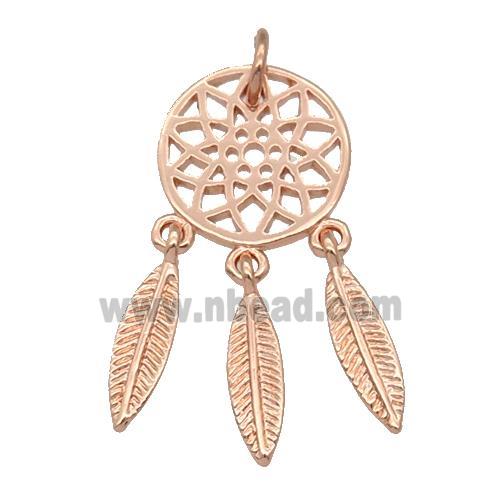 copper Dream Catcher pendant, feathers, rose gold