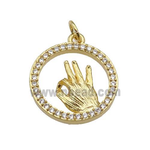 copper circle pendant paved zircon, hand gesture, gold plated