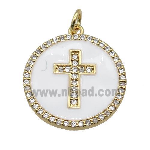 copper circle Cross pendant paved zircon, white enamel, gold plated