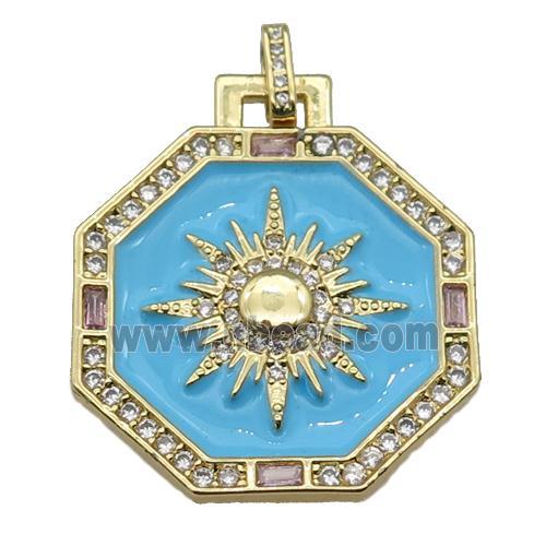 copper Hexagon pendant paved zircon, blue enamel, gold plated
