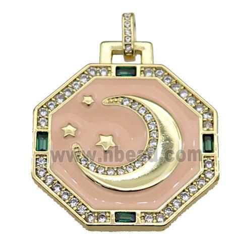 copper Hexagon pendant paved zircon, peach enamel, moon, gold plated