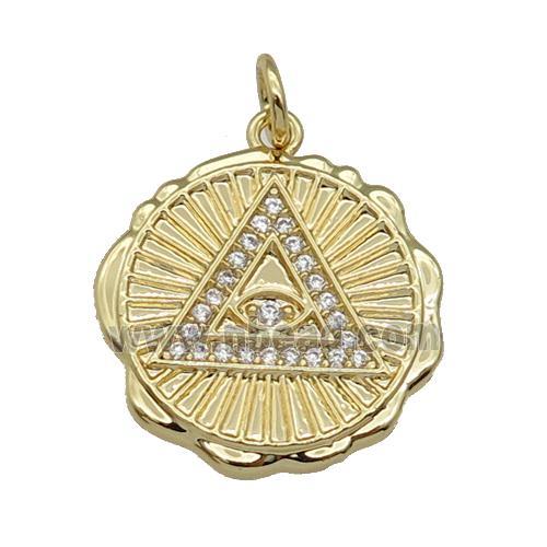 copper circle Triangle pendant paved zircon, gold plated