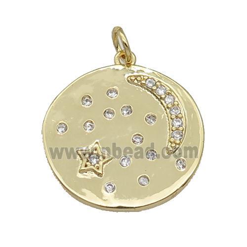 copper circle Moon pendant paved zircon, star, gold plated