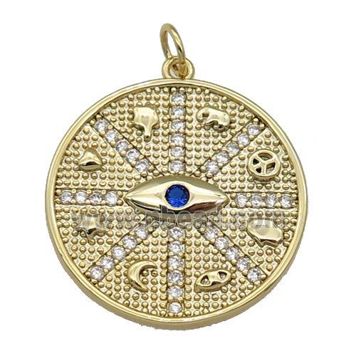 copper circle pendant paved zircon, Astrology, Lucky Eye, gold plated
