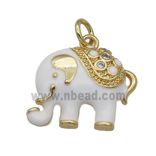 copper Elephant pendant paved zircon, white enamel, gold plated