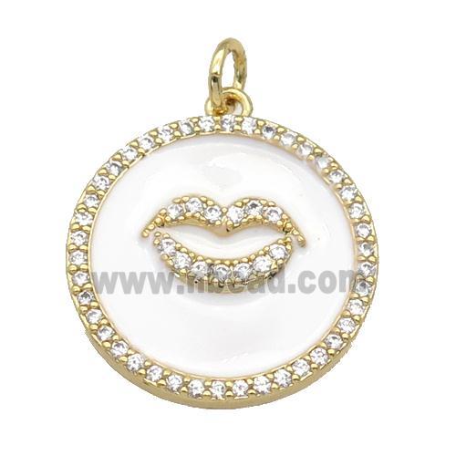 copper circle Lip pendant paved zircon, white enamel, gold plated