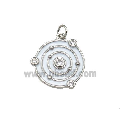copper circle pendant with white enamel, planet, platinum plated