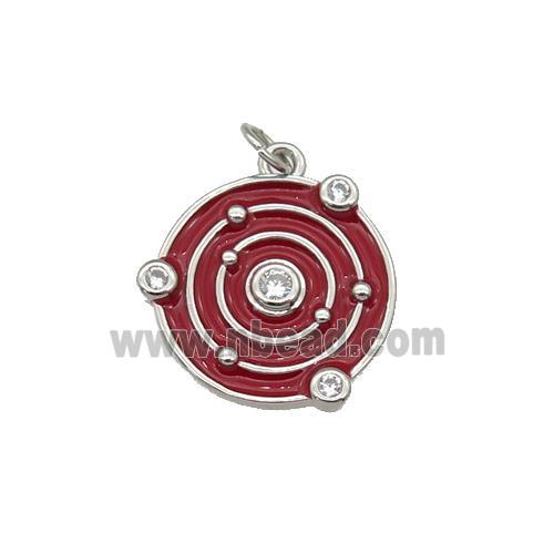 copper circle pendant with red enamel, planet, platinum plated
