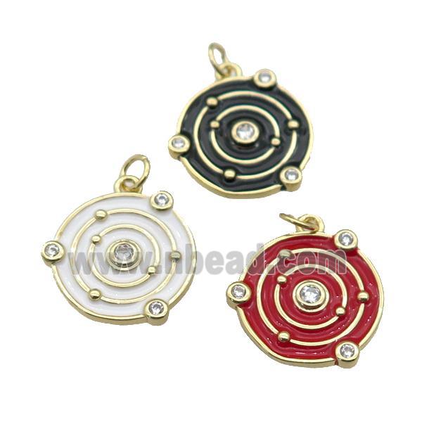 copper circle pendant with enamel, planet, gold plated, mixed