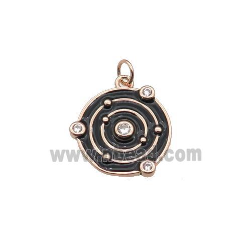 copper circle pendant with black enamel, planet, rose gold