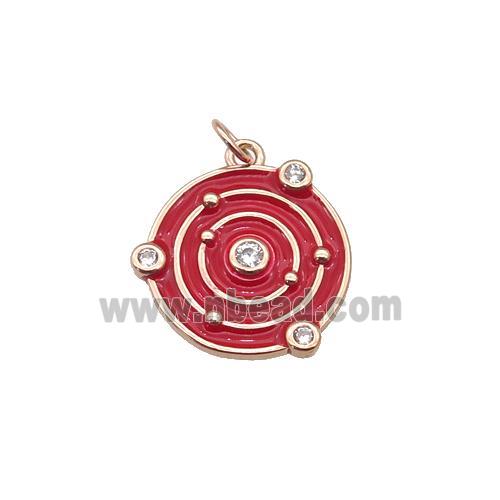 copper circle pendant with red enamel, planet, rose gold