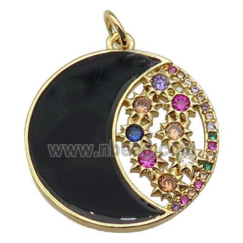 copper circle Moon pendant paved zircon with black enamel, gold plated