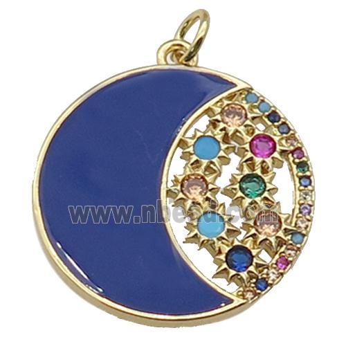 copper circle Moon pendant paved zircon with blue enamel, gold plated