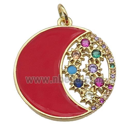 copper circle Moon pendant paved zircon red black enamel, gold plated