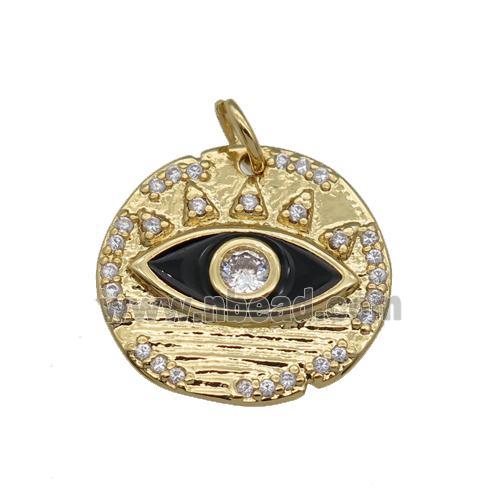 copper coin pendant paved zircon, black enamel eye, gold plated