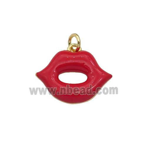 copper Lip charm pendant with red enamel, gold plated