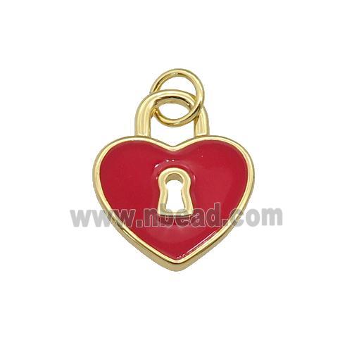 copper Heart Lock pendant with red enamel, gold plated