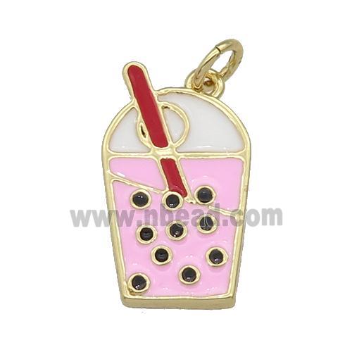 copper milkTea charm pendant with pink enamel, drinks, gold plated