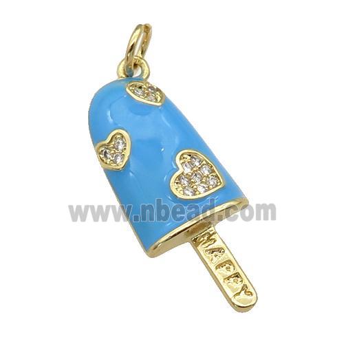 copper Icecream charm pendant paved zircon, blue enamel, gold plated