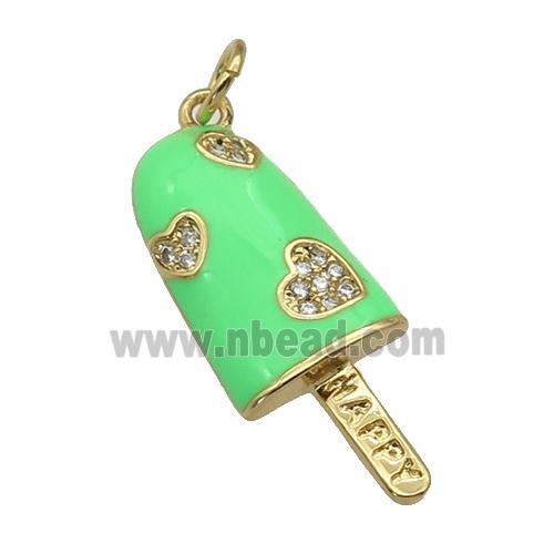 copper Icecream charm pendant paved zircon, green enamel, gold plated