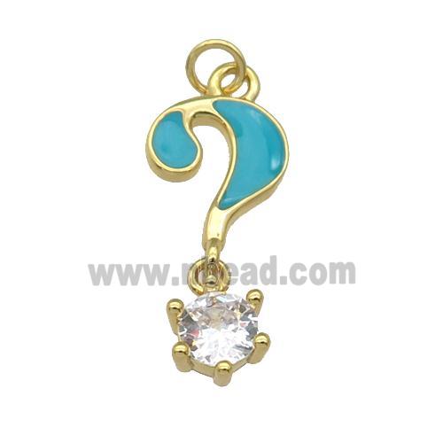 copper Question Symbols pendant paved zircon with teal enamel, gold plated