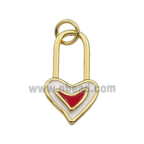 copper Heart Lock pendant with white enamel, gold plated