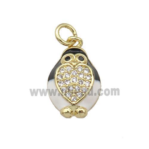 copper Penguin pendant paved zircon, enamel, gold plated