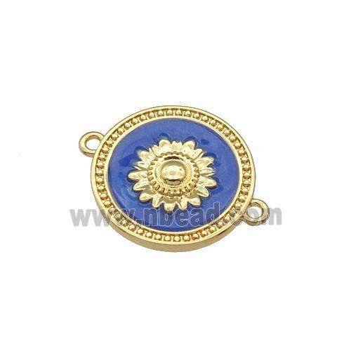 copper coin flower connector with blue enamel, gold plated