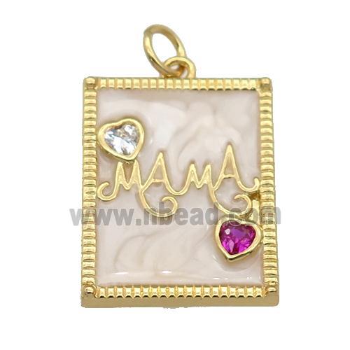 copper Rectangle pendant paved zircon with white enamel, MAMA, gold plated