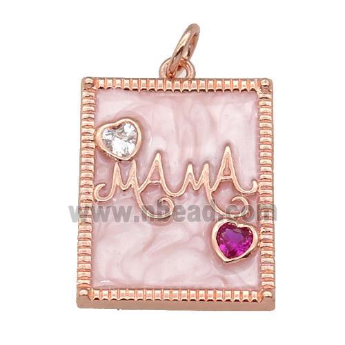 copper Rectangle pendant paved zircon with white enamel, MAMA, rose gold