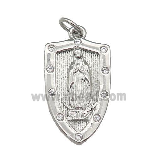 copper Virgin Mary Shield pendant paved zircon, religious, platinum plated