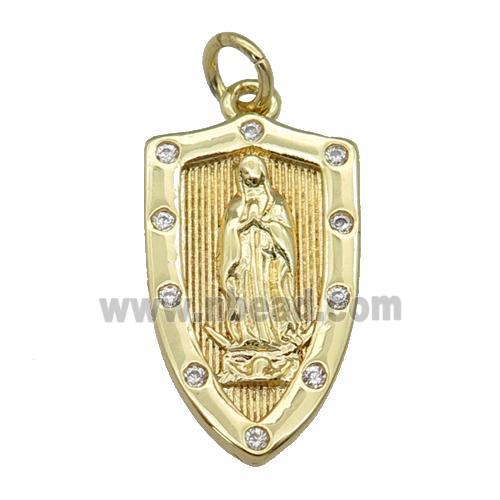 copper Virgin Mary Shield pendant paved zircon, religious, gold plated