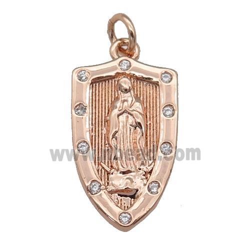 copper Virgin Mary Shield pendant paved zircon, religious, rose gold