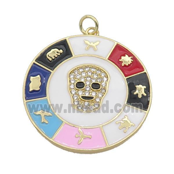 copper circle astrology pendant paved zircon, Skull, medallion, gold plated