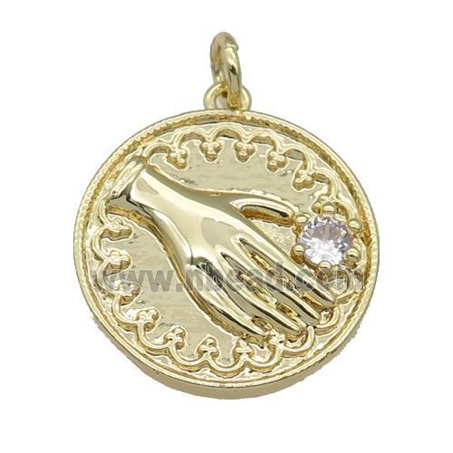 copper coin pendant paved zircon, hand, gold plated