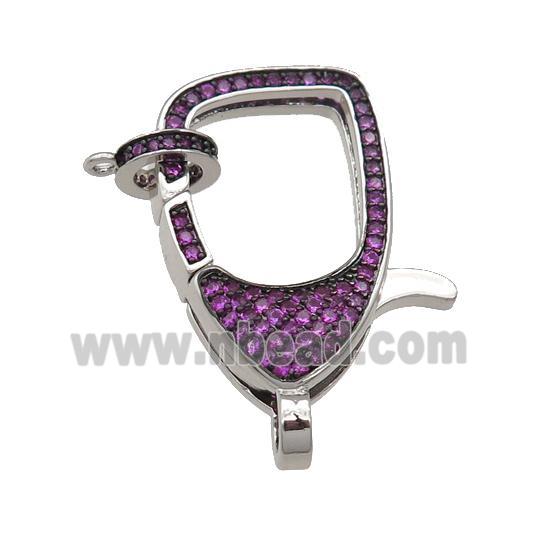 copper Lobster Clasp paved hotpink zircon, platinum plated