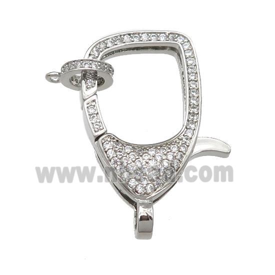 copper Lobster Clasp paved clear zircon, platinum plated