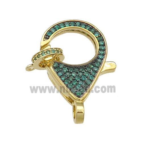 copper Lobster Clasp paved green zircon, gold plated